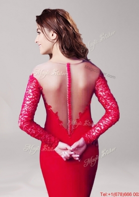 See Through Scoop Long Sleeves Red Mermaid Prom Dress with Lace