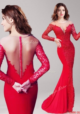 See Through Scoop Long Sleeves Red Mermaid Prom Dress with Lace