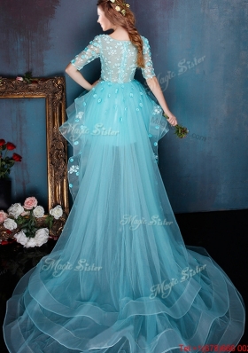 See Through Square Half Sleeves High low Prom Dress with Beading