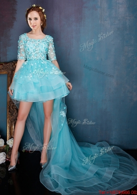 See Through Square Half Sleeves High low Prom Dress with Beading