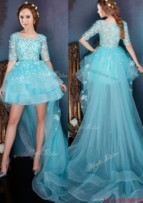 See Through Square Half Sleeves High low Prom Dress with Beading