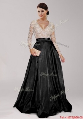 Sweet Deep V Neckline Long Sleeves Beaded and Belted Prom Dress in Black