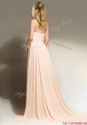 Affordable Chiffon Peach Brush Train Prom Dress with Belt