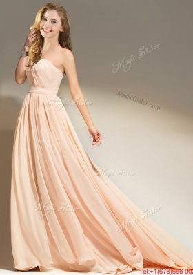 Affordable Chiffon Peach Brush Train Prom Dress with Belt