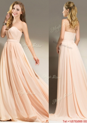 Affordable Chiffon Peach Brush Train Prom Dress with Belt