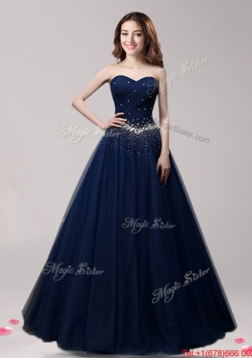 Best Beaded A Line Tulle Prom Dress in Navy Blue