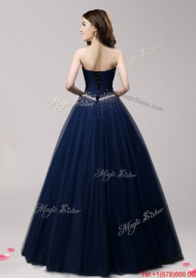 Best Beaded A Line Tulle Prom Dress in Navy Blue