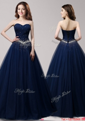 Best Beaded A Line Tulle Prom Dress in Navy Blue