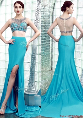 Best Two Piece Scoop Beaded High Slit Prom Dress in Aqua Blue