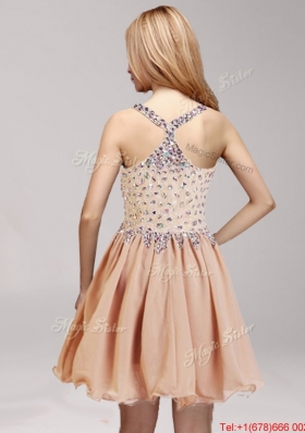 Cheap Straps Ruffled and Beaded Chiffon Prom Dress in Champagne