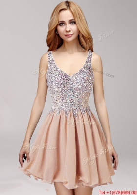 Cheap Straps Ruffled and Beaded Chiffon Prom Dress in Champagne