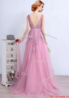 Exquisite V Neck Brush Train Prom Dress with Appliques and Belt