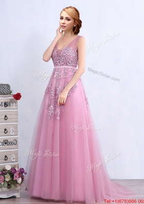 Exquisite V Neck Brush Train Prom Dress with Appliques and Belt