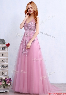 Exquisite V Neck Brush Train Prom Dress with Appliques and Belt