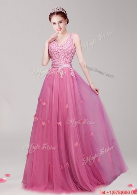 Hot Sale Deep V Neckline Applique and Belted Prom Dress in Tulle