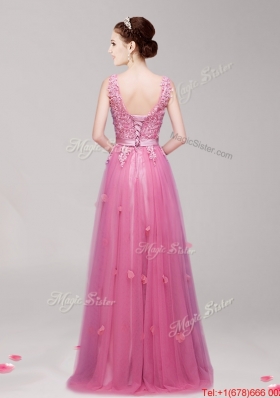 Hot Sale Deep V Neckline Applique and Belted Prom Dress in Tulle