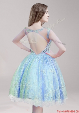 Hot Sale Scoop Beaded and Laced Short Prom Dress in Light Blue