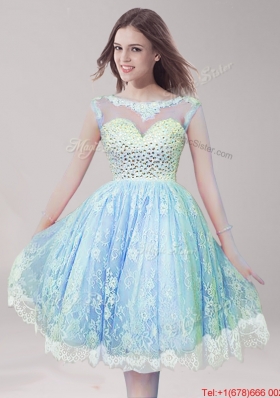 Hot Sale Scoop Beaded and Laced Short Prom Dress in Light Blue