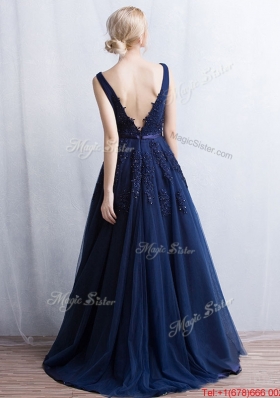 Inexpensive Navy Blue Brush Train Prom Dress with Appliques and Belt