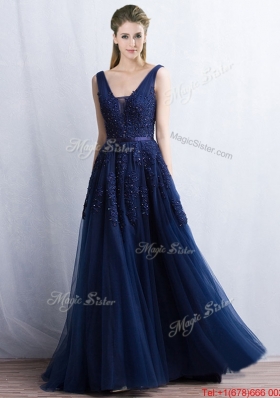 Inexpensive Navy Blue Brush Train Prom Dress with Appliques and Belt