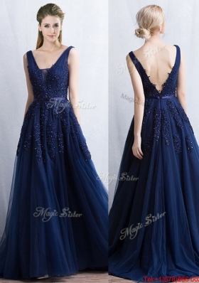 Inexpensive Navy Blue Brush Train Prom Dress with Appliques and Belt