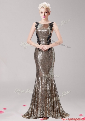 Inexpensive Square Brush Train Prom Dress with Sequins and Appliques