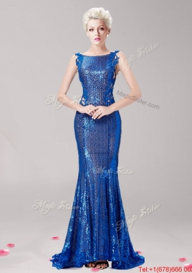 Inexpensive Square Brush Train Prom Dress with Sequins and Appliques