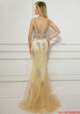 Latest Scoop Cap Sleeves Beaded Evening Dress in Champagne