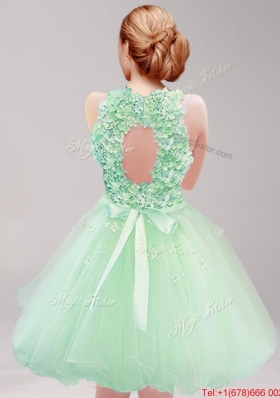 Lovely Halter Top Ruffled and Hand Made Flowers Prom Dress in Apple Green for Spring