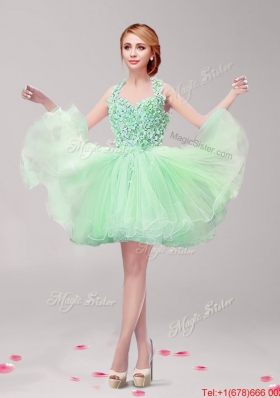 Lovely Halter Top Ruffled and Hand Made Flowers Prom Dress in Apple Green for Spring