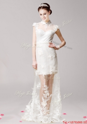 Lovely High Neck Cap Sleeves Laced and Applique Prom Dress in White