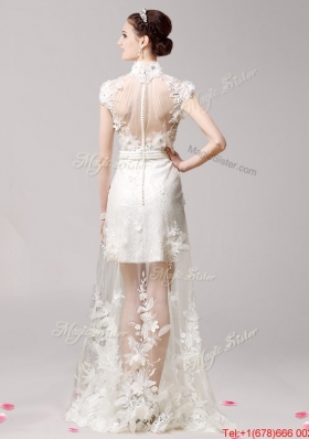 Lovely High Neck Cap Sleeves Laced and Applique Prom Dress in White