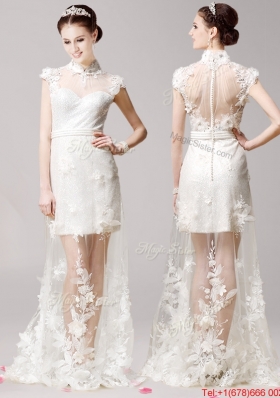 Lovely High Neck Cap Sleeves Laced and Applique Prom Dress in White