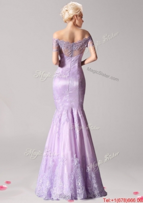 Lovely Off the Shoulder Short Sleeves Lavender Prom Dress with Beading and Lace