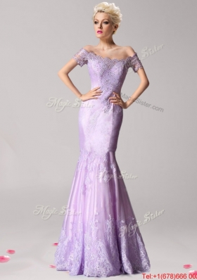 Lovely Off the Shoulder Short Sleeves Lavender Prom Dress with Beading and Lace