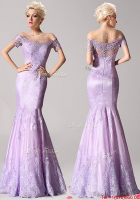 Lovely Off the Shoulder Short Sleeves Lavender Prom Dress with Beading and Lace