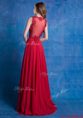 Luxurious Deep V Neckline Applique Red Prom Dress in Chiffon