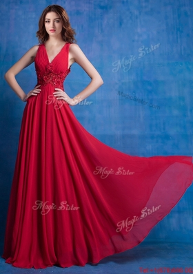 Luxurious Deep V Neckline Applique Red Prom Dress in Chiffon