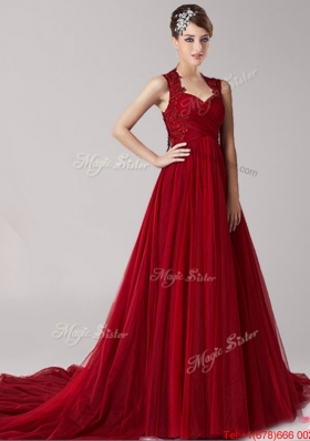 Luxurious Straps Wine Red Court Train Prom Dress with Appliques