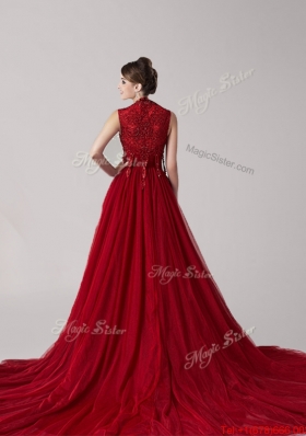 Luxurious Straps Wine Red Court Train Prom Dress with Appliques