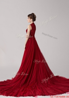 Luxurious Straps Wine Red Court Train Prom Dress with Appliques