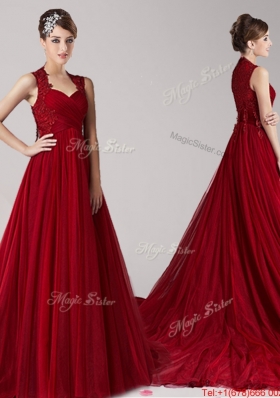 Luxurious Straps Wine Red Court Train Prom Dress with Appliques