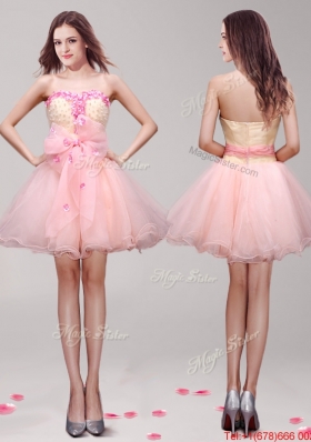 Modern Peach Short Prom Dress with Appliques and Hand Made Flowers