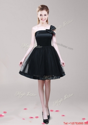 Modest One Shoulder Bowknot Short Prom Dress in Black