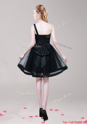 Modest One Shoulder Bowknot Short Prom Dress in Black