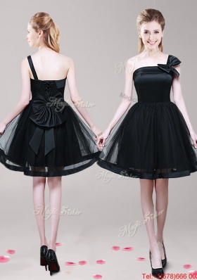 Modest One Shoulder Bowknot Short Prom Dress in Black