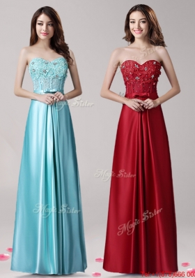 Modest Satin Empire Prom Dress with Appliques and Bowknot
