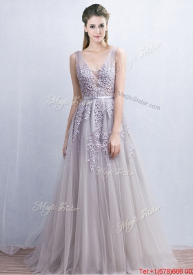 Most Popular V Neck Applique and Belted Prom Dress with Brush Train