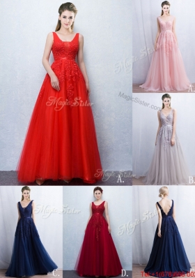 Most Popular V Neck Applique and Belted Prom Dress with Brush Train