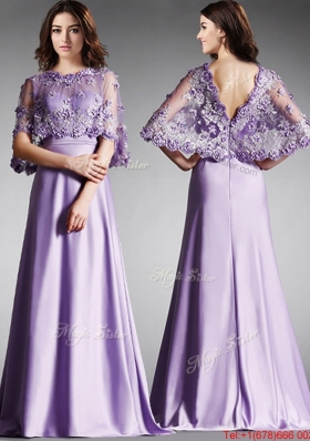 New Arrivals Scoop Half Sleeves Lavender Prom Dress with Lace